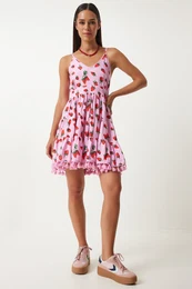 Happiness stanbul Women's Red Pink Patterned Strappy Summer Viscose Dress