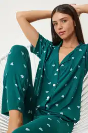 Happiness stanbul Women's Dark Green Heart-shaped Shirt Trousers Pajama Set