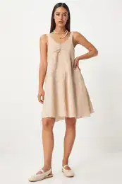 Happiness stanbul Women's Cream Gathered Collar A-Line Summer Knitted Dress