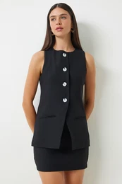 Happiness stanbul Women's Black Sleeveless Vest Mini Skirt Woven Suit