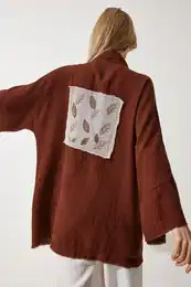 Happiness stanbul Women's Brown Floral Detailed Premium Muslin Kimono