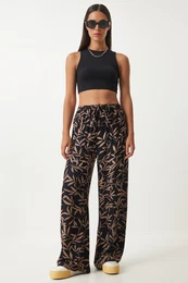 Happiness stanbul Women's Black Mink Patterned Loose Viscose Palazzo Trousers