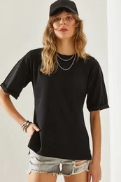 Women's Side Slit Sleeve Folding Detailed Crew Neck Short Sleeve Basic T-Shirt