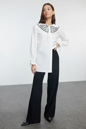 Ecru Embroidered Baby Collar Woven Cotton Shirt