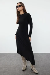 Black Plain Skater/Asymmetrical Flexible Knitted Dress