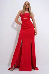 Trend Alaat Stili Women's Red Adjustable Strap Out Cut Slit Graduation Dress