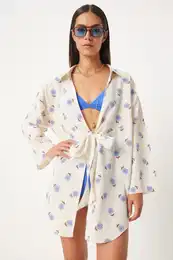 Happiness stanbul Women's Ecru Blue Tied Linen Kimono