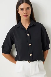 Happiness stanbul Women's Black Balloon Sleeve Linen Ayrobin Shirt