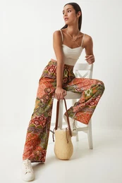 Happiness stanbul Women's Green Tile Patterned Loose Viscose Palazzo Trousers