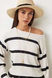 Happiness stanbul Women's Black Ecru Striped Knitwear Blouse