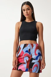 Happiness stanbul Women's Brown Blue Patterned Mini Knitted Skirt
