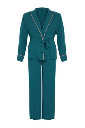 Curve Emerald Green Piping Detailed Double Breasted Viscose Woven Pajama Set