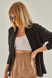 Women's Black Multi Patterned Linen Shirt