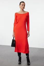 Red Midi Knit Boat Neck Dress