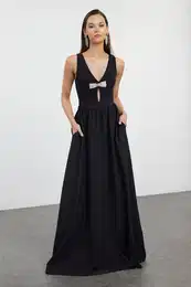 Black Bow Detail Woven Elegant Long Evening Dress & Graduation Dress