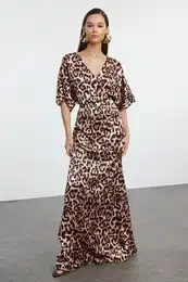 Multicolored A-Line Leopard Patterned Satin Long Evening Dress