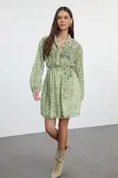 Green Waisted Mini Lined Chiffon Woven Dress