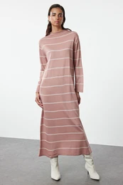 Dusty Rose Stand Collar Striped Knit Dress
