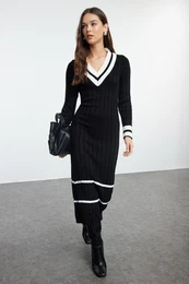 Black Midi Knit Color Block Dress