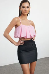 Pink Crop Woven Balloon Blouse
