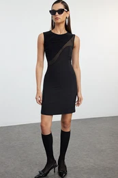 Black Transparent Detail Woven Stylish Mini Evening Dress