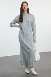 Gray Braided Knitwear Dress with Pearl Accessories