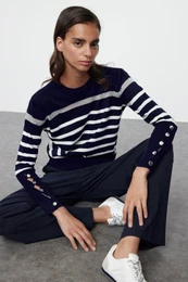 Navy Blue Striped Knitwear Sweater