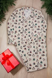Curve Beige Shirt Collar New Year Themed Knitted Pajama Set