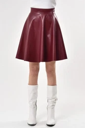 88854 Flared Faux Leather Skirt-BURGUNDY