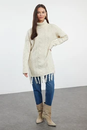 Stone Hair Knitted Patterned Tassel Knitwear Sweater