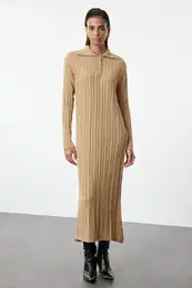 Camel Hair Braided Polo Neck Knitwear Dress