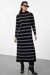 Black Stand Collar Striped Knit Dress