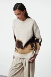 Beige Oversized Soft Texture Color Block Crew Neck Knit Sweater