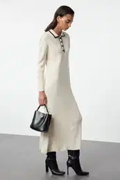 Stone Polo Buttoned Collared Knitted Dress