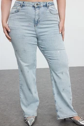 Curve Light Blue High Waist Star Printed Straight Fit Plus Size Jeans