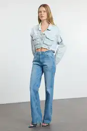 Blue Waist Detailed High Waist Wide Leg Jeans