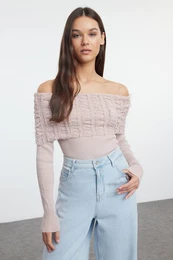 Powder Soft Texture Carmen Collar Draped Detail Knitwear Sweater