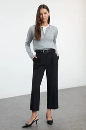 Black Belted Ankle Length Woven Fabric Trousers