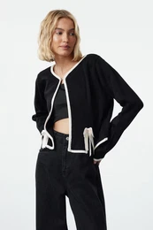 Black Ribbon/Bow Detailed Crop Jacket Look Knitwear Cardigan