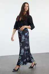 Black Floral Printed A Line/Bell Cut Flexible Maxi Skirt