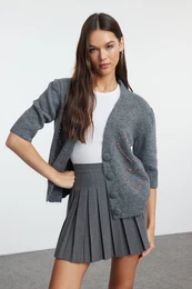 Anthracite Wool Stone Embroidered Knitted Cardigan