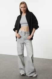 Black Zippered Oversize/Wide Fit Thick Inside Fleece Knitted Sweatshirt