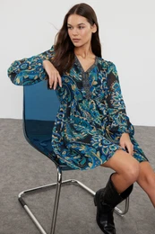 Green Floral Patterned Waist Opening Gipel Lined Mini Woven Dress