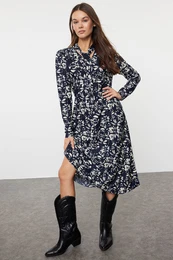 Navy Blue Floral Printed Fitted Maxi Halter Neck Detailed Stretch Knit Dress