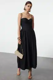 Black A-Line Poplin Woven Midi Chic Dress