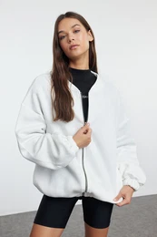 Ecru Zippered Oversize/Wide Fit Thick Inside Fleece Knitted Sweatshirt