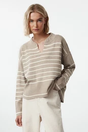 Beige Wide Neck Detailed Striped Knitwear Sweater