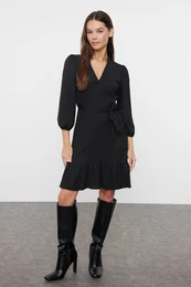 Black Belted A-Line/A-Line Form Wrap/Textured Knitted Dress