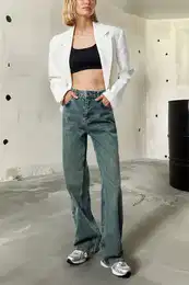 Dark Blue Faded Effect Vintage High Waist Wide Leg Jeans