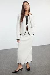 Ecru Ribbon/Bow Detailed Knitwear Top-Bottom Set